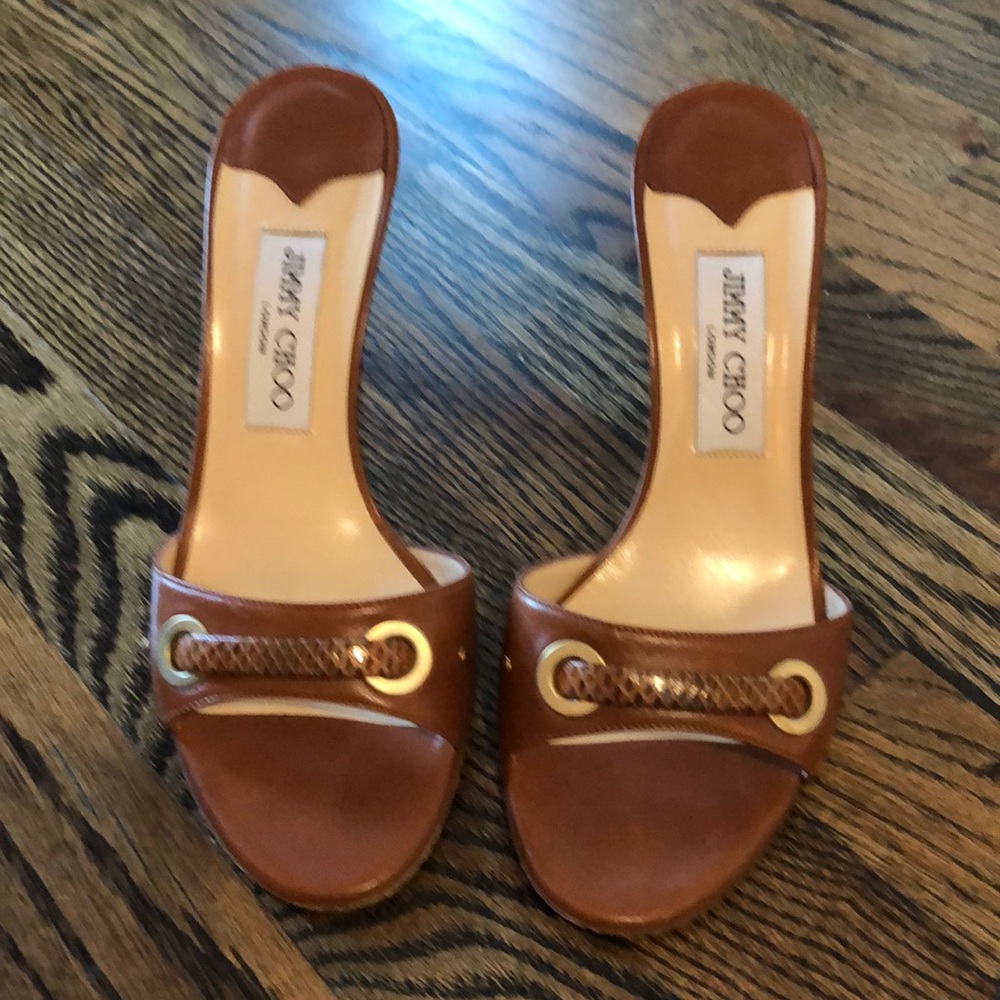 Jimmy Choo tan nappa watersnake slide